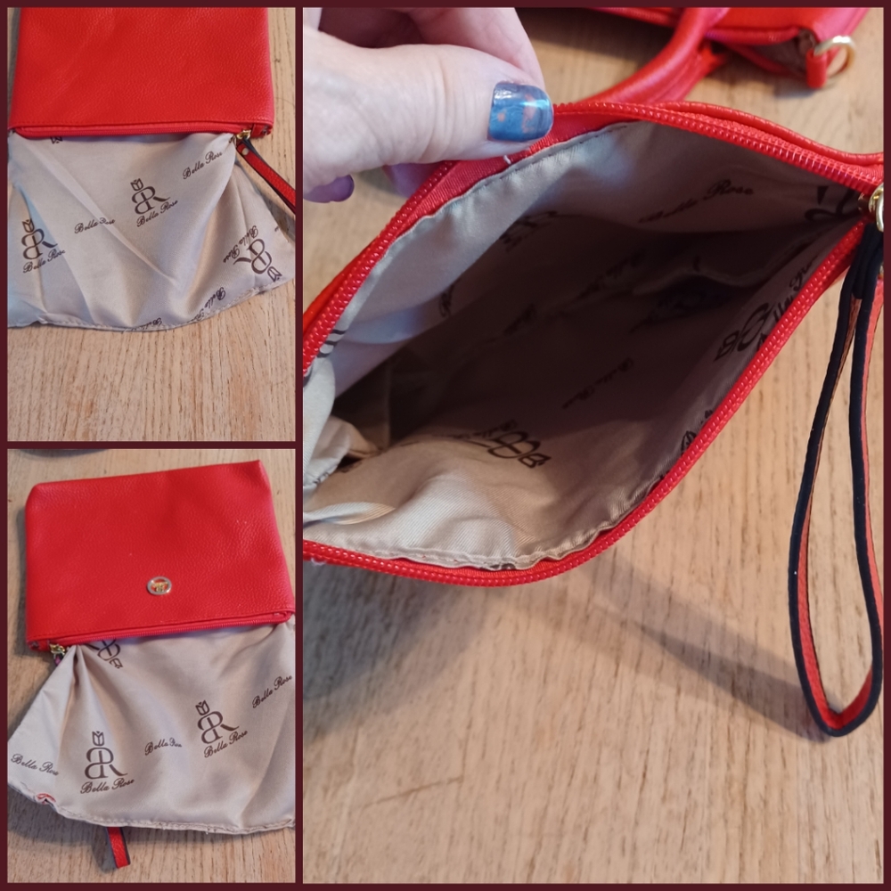 BELLA ROSE CROSSBODY/ DOUBLE HANDLES BAG WITH WRISTLET/MAKE-UP BAG  NWOT - Picture 7 of 15